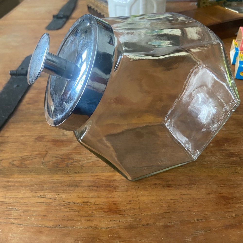 Vintage Hexagon Shaped Glass Candy Jar with Metal Lid